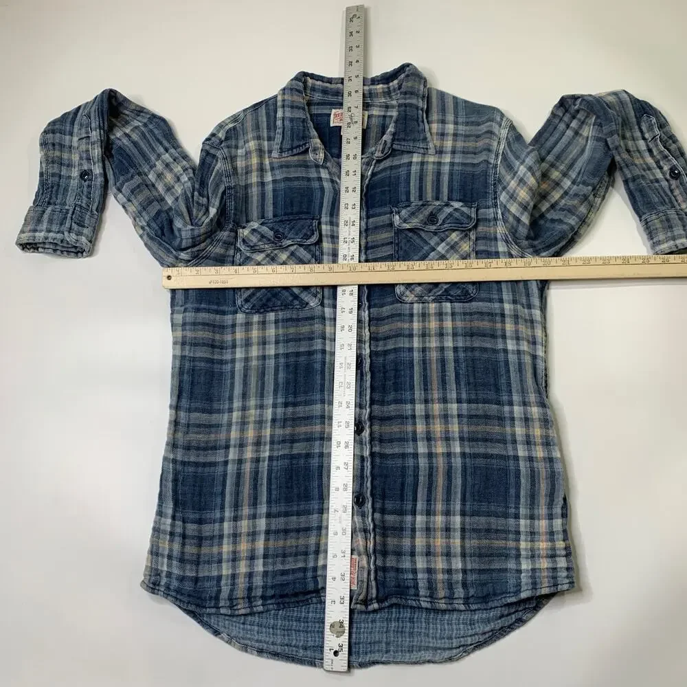 True Religion Shirt Mens M Medium Blue Western Woven Plaid Flannel Shirttail Hem